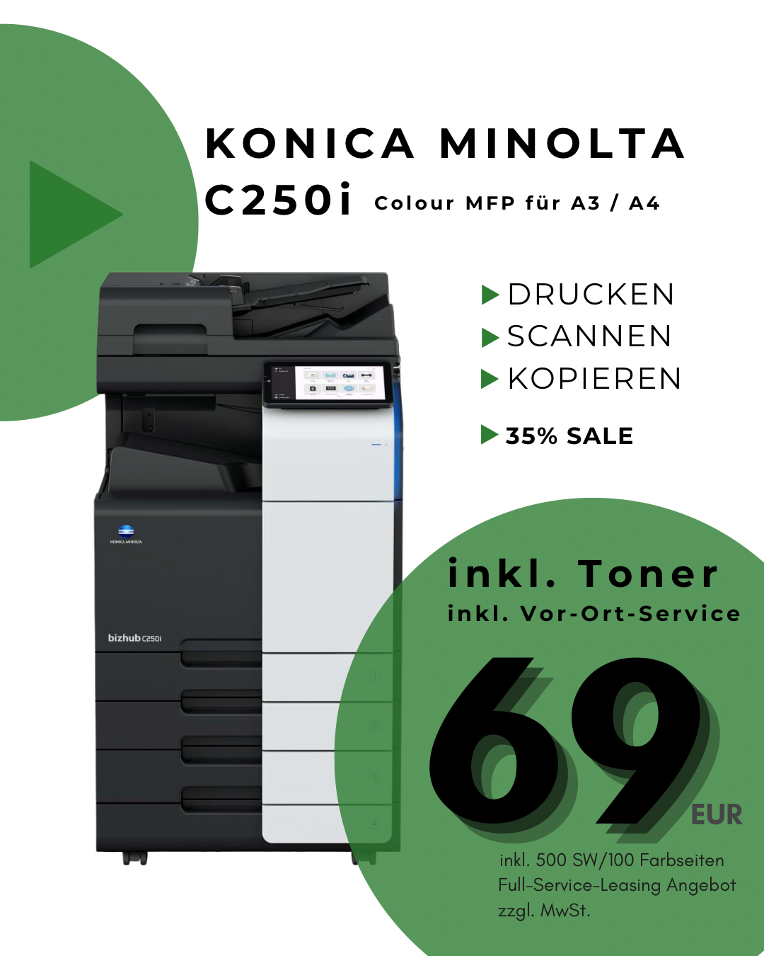 Konica Minolta bizhub C250i – 69 EUR Full-Service-Leasing inkl. Toner und Vor-Ort-Service