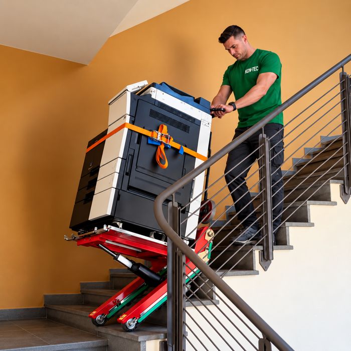 KON-TEC Mitarbeiter liefert einen Drucker über die Treppe